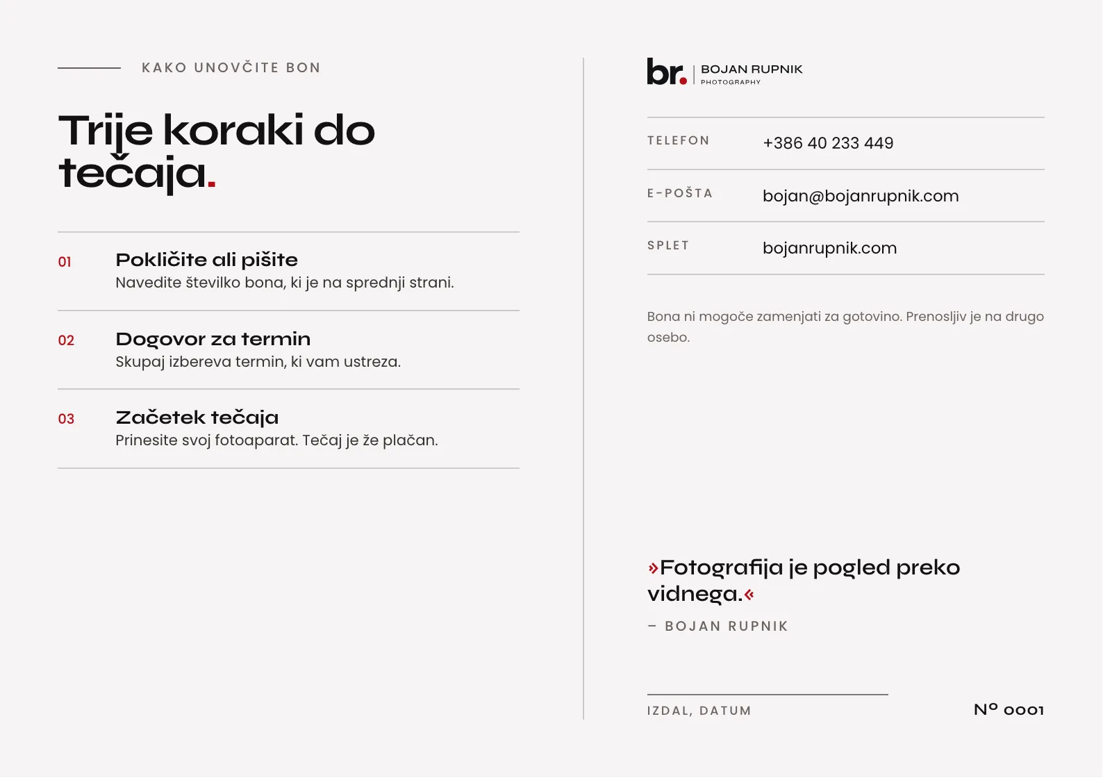 Hrbtna stran darilnega bona: trije koraki do tečaja in kontakt