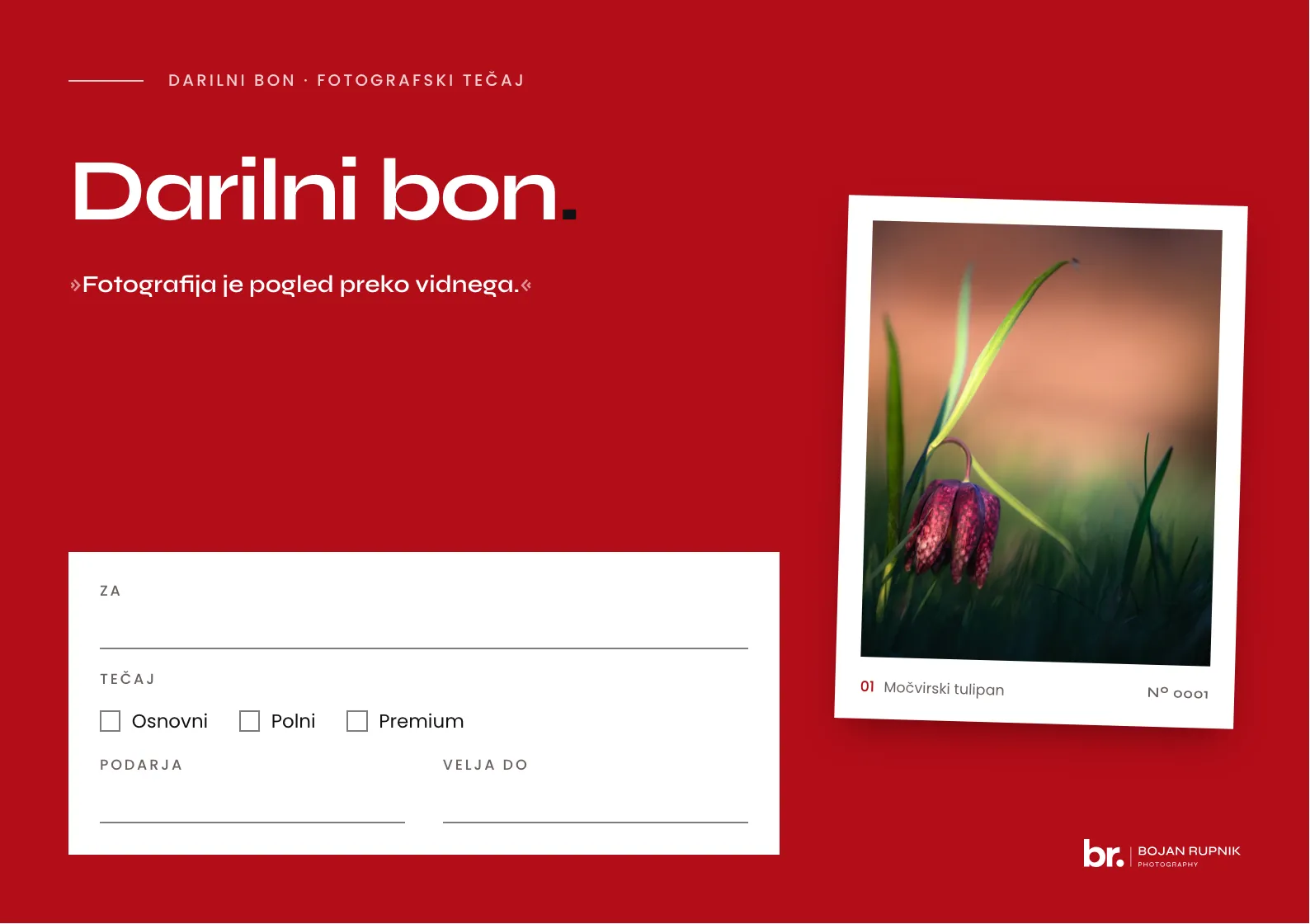 Darilni bon za fotografski tečaj z izbiro osnovnega, polnega ali premium tečaja
