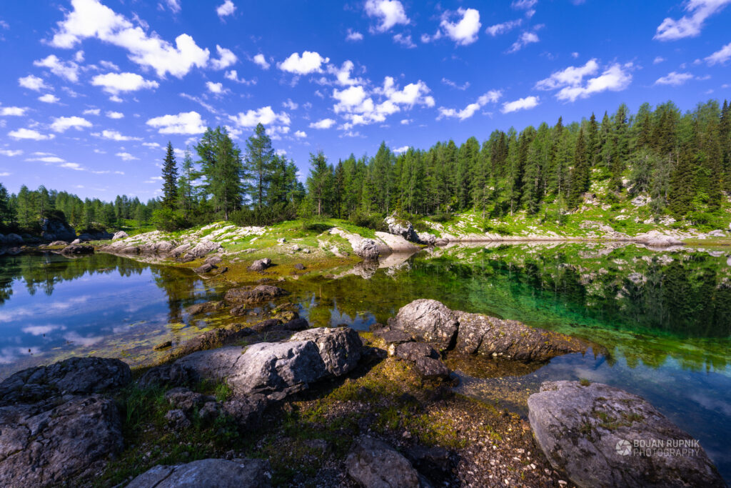 Triglavska sedmera jezera z zelenimi macesni, modrim nebom in belimi oblački
